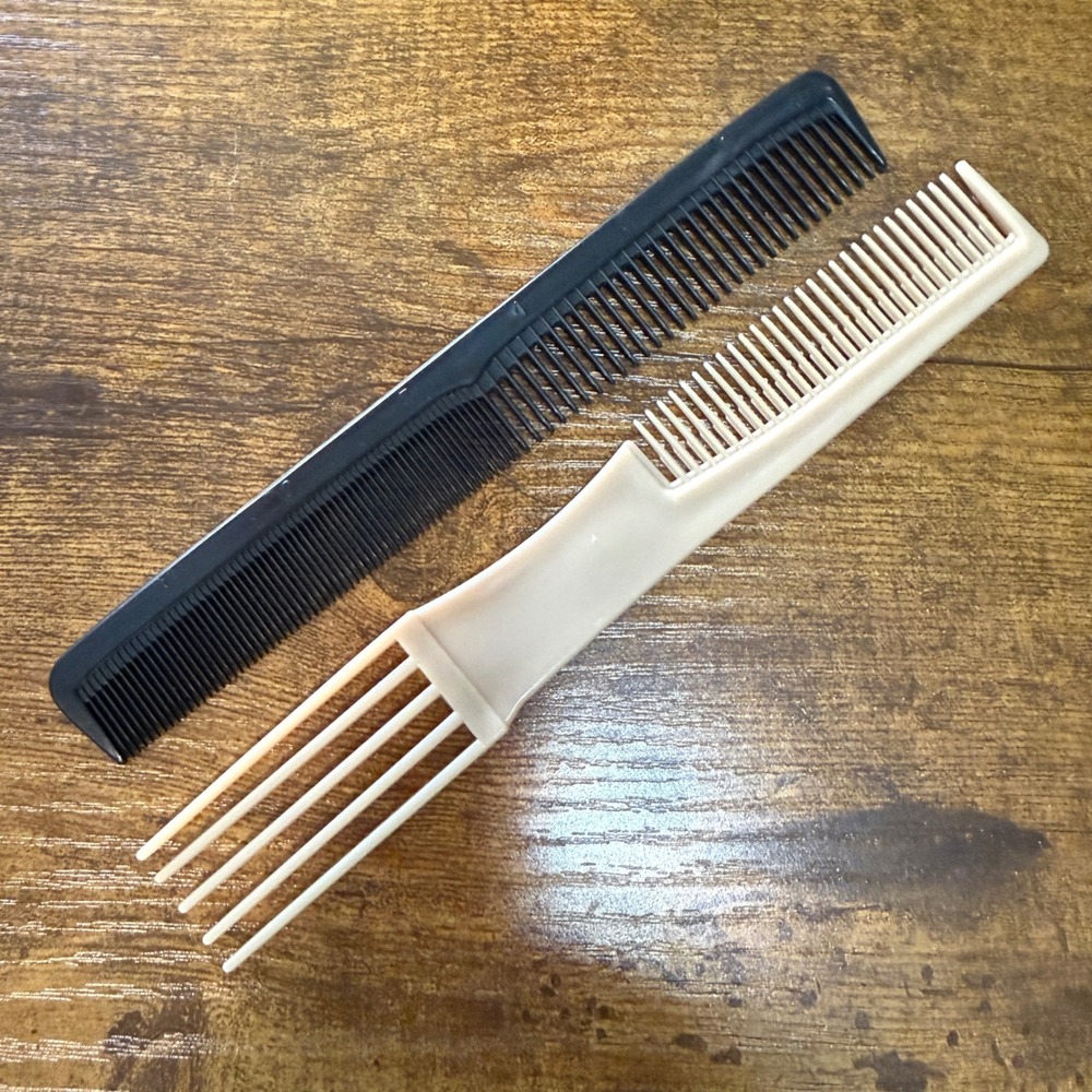 Lot of 2 Vtg Black Comb USA Made Styling Detangling Tan Hair Pick Teasing Comb